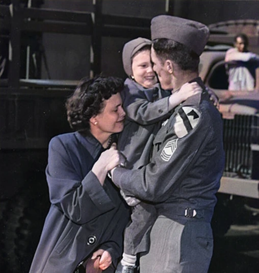 Before and after comparison showing black and white photo enhanced with color restoration