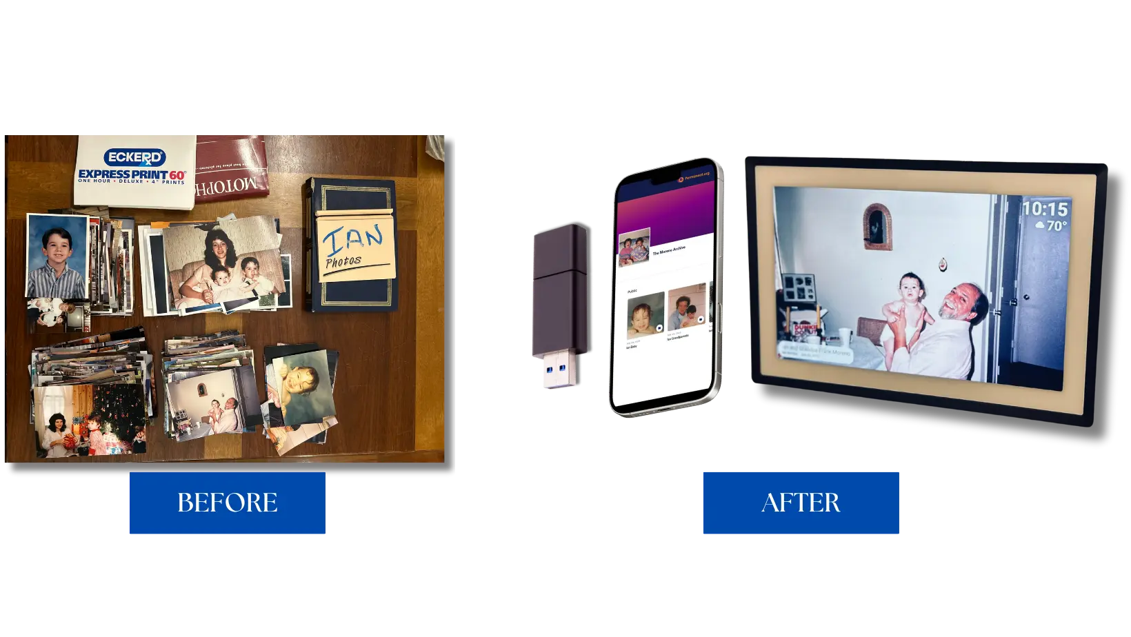 Collection of vintage family photographs being digitally preserved