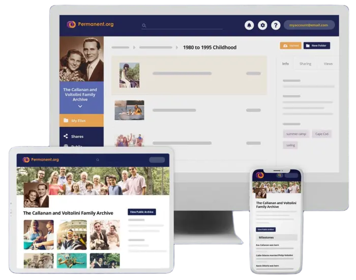 Screenshot of family photo archive website interface showing organized photo collections